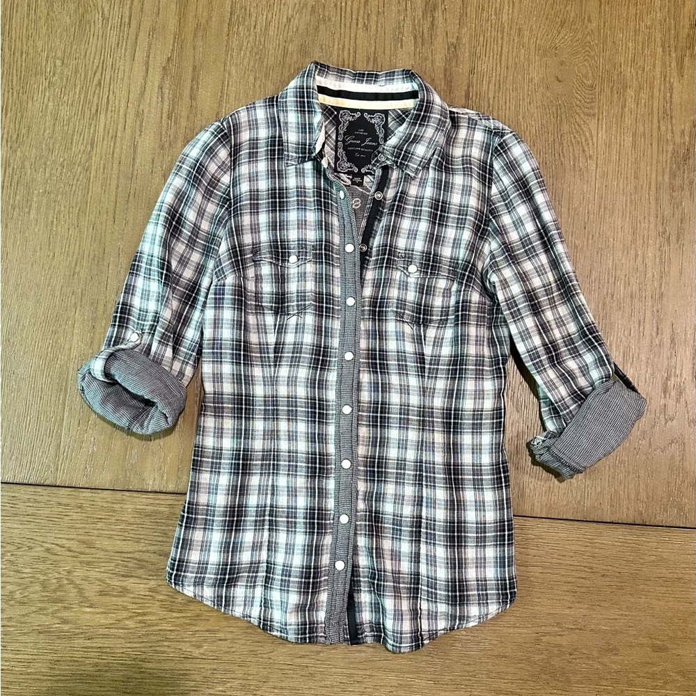 Women’s Vintage Guess Jeans Western Plaid Long Sleeve Snap Down Shirt Size S